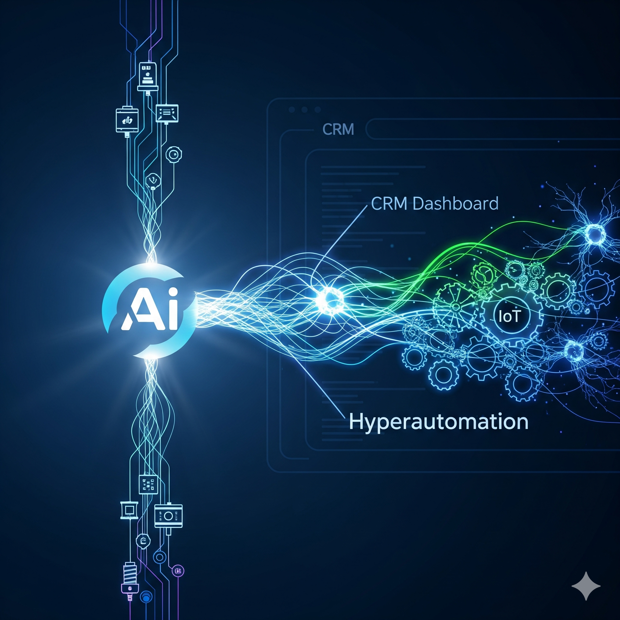 Футуристическая визуализация, показывающая взаимосвязь искусственного интеллекта (AI), интернета вещей (IoT) и гиперавтоматизации. Иконка AI в центре, от нее расходятся световые линии, соединяющие различные IoT-устройства (датчики, камеры) и шестерни, символизирующие автоматизированные процессы, на фоне интерфейса CRM-системы с надписью "Hyperautomation"