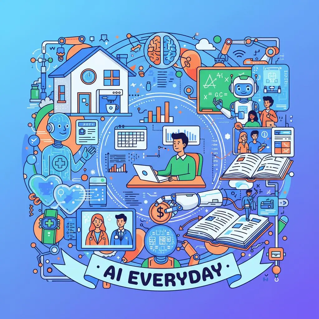 Цифровая иллюстрация, показывающая примеры использования ИИ в повседневной жизни: умный дом, голосовой помощник, медицина, финансы и образование.