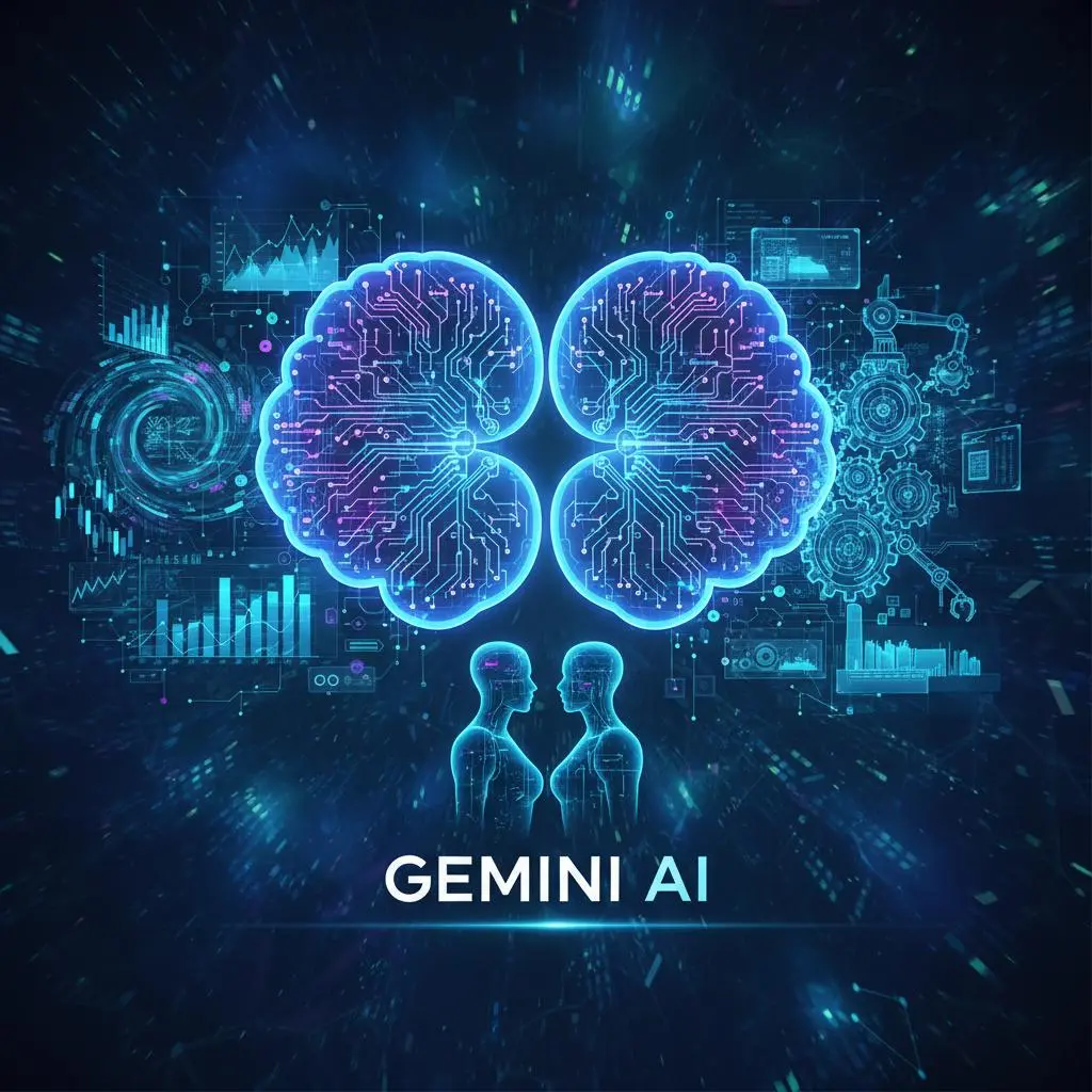 Абстрактная цифровая иллюстрация, представляющая Gemini AI, с изображением футуристических технологий, схем искусственного интеллекта, анализа данных и концепций автоматизации бизнеса.
